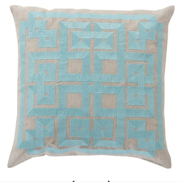 Set Of Two Greek Key Print Pillows 21x21" Aqua Linen Zip Closure Made in India - Picture 6 of 6